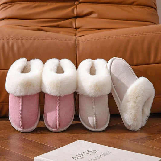 Women's Fluffy Fur Slippers – Faux Suede Warm Non-Slip Winter House Shoes