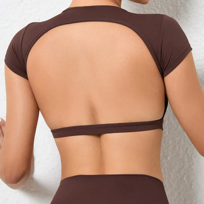 Women's Workout Crop Top – Backless Yoga Shirt with Built-In Chest Pads