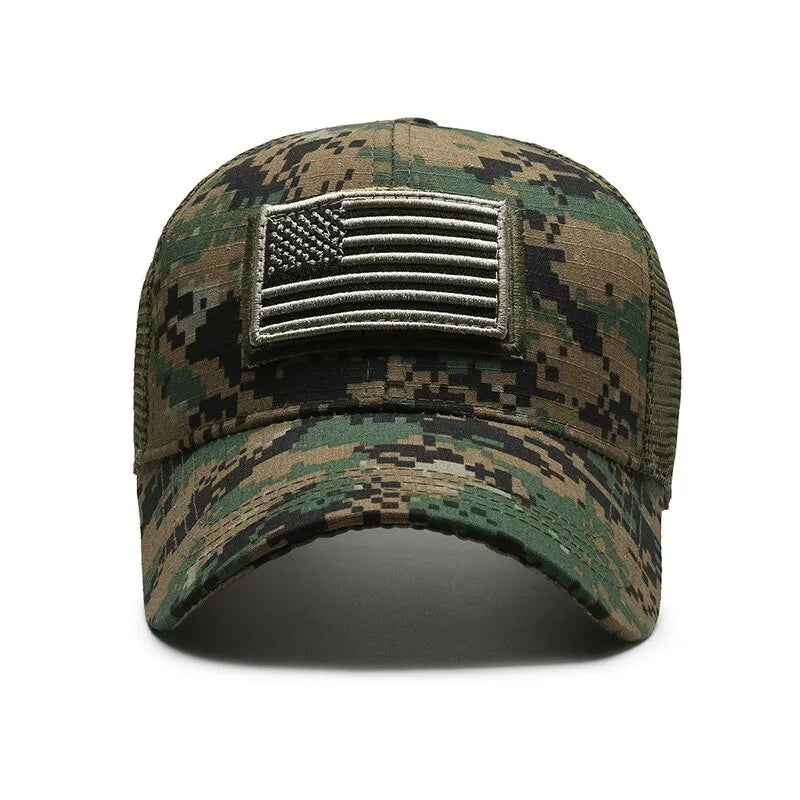 Camouflage Baseball Cap with American Flag Patch – Men's Mesh Trucker Hat