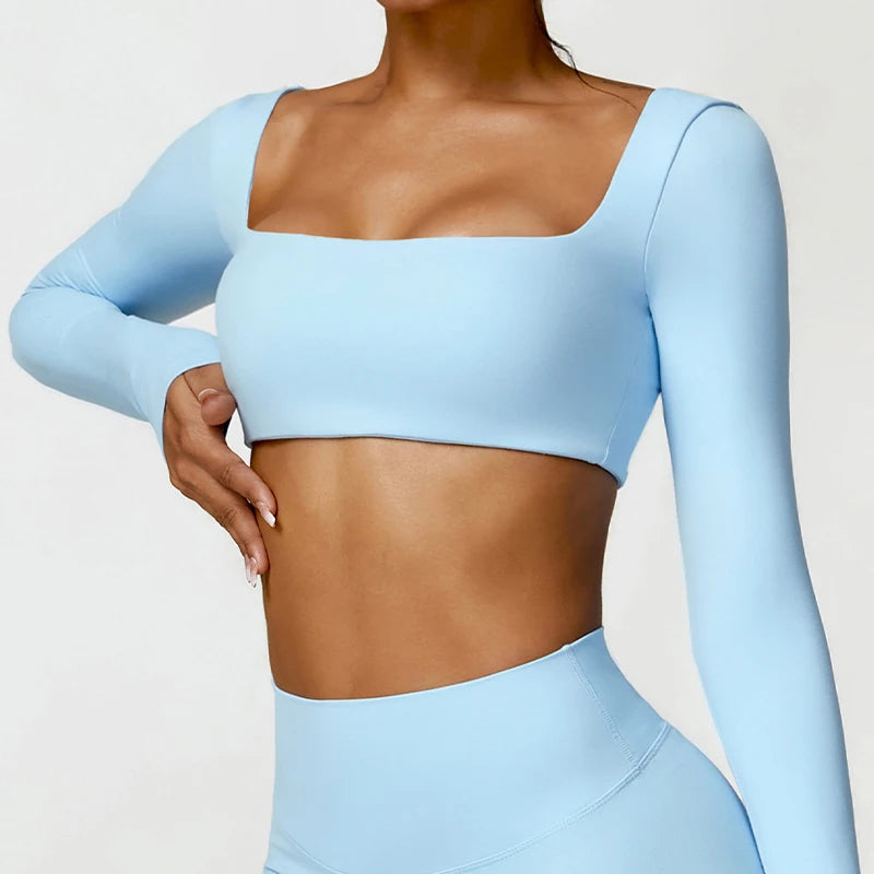 Women's Long Sleeve Square Neck Crop Top Gym Shirt