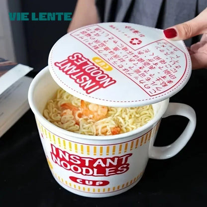 Large Capacity Ceramic Instant Noodle Bowl with Lid