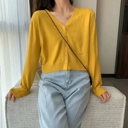 Women's Cropped Knit Cardigan – V-Neck Long Sleeve Button-Down Sweater