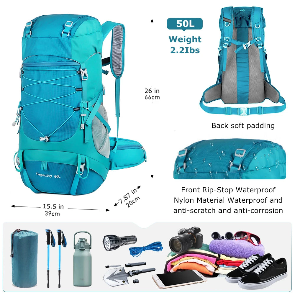 50L Hiking Backpack with Rain Cover – Mountaineering Outdoor Rucksack
