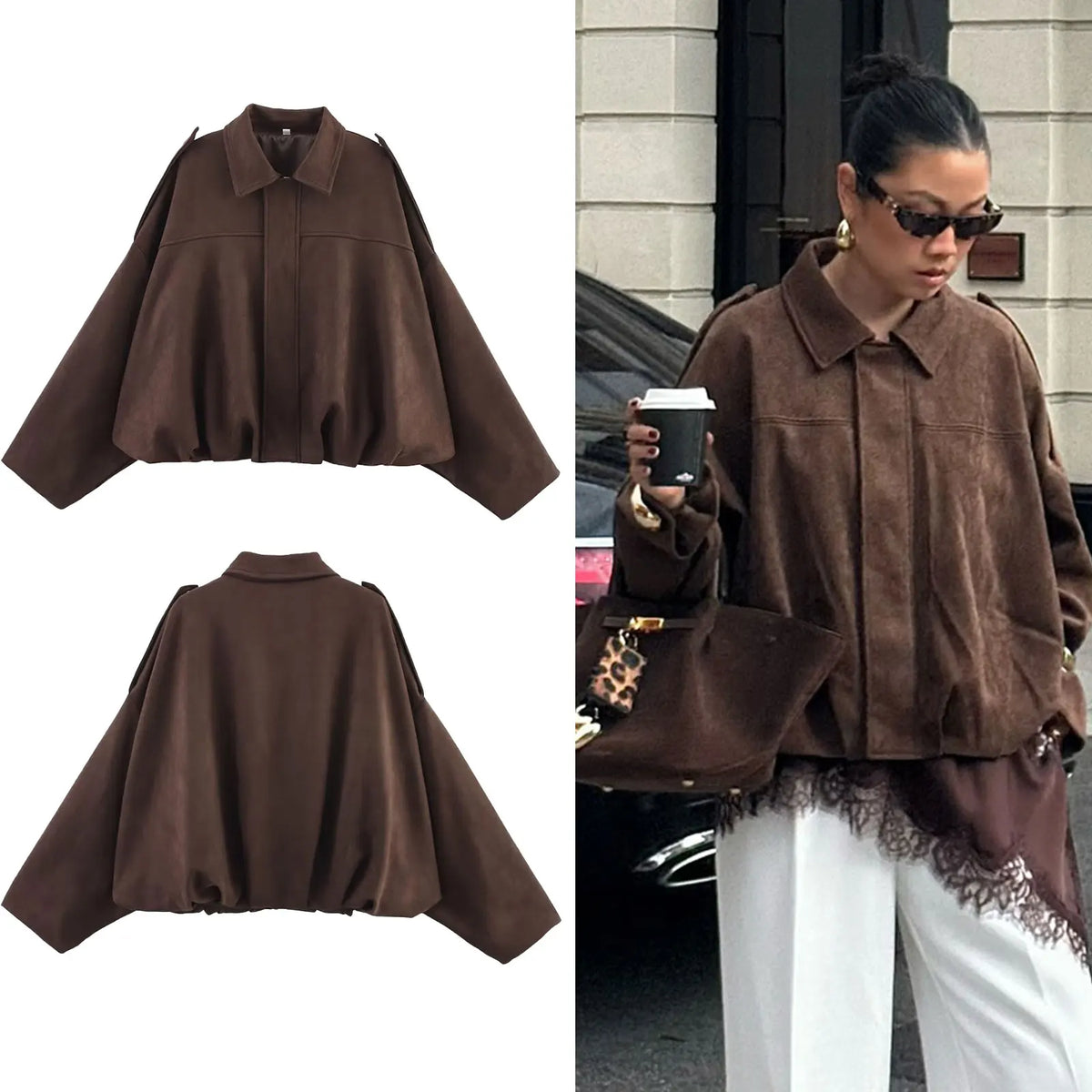 Women's Oversized Suede Coat – Batwing Sleeve Zip-Up Winter Jacket