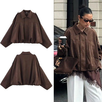 Women's Oversized Suede Coat – Batwing Sleeve Zip-Up Winter Jacket