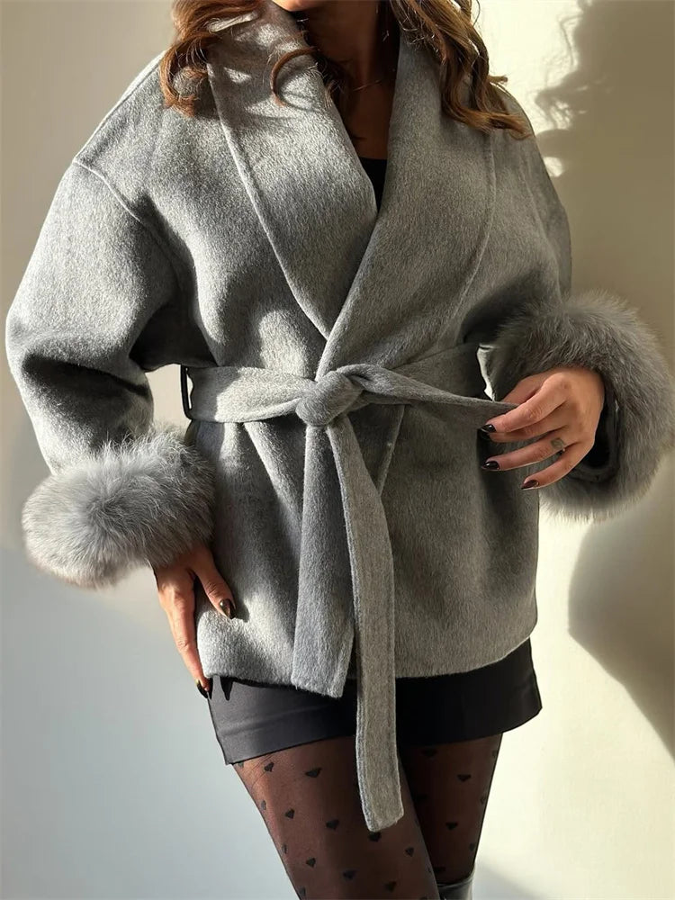 Women's Wool Coat with Fox Fur Cuffs – Elegant Belted Wrap Cardigan