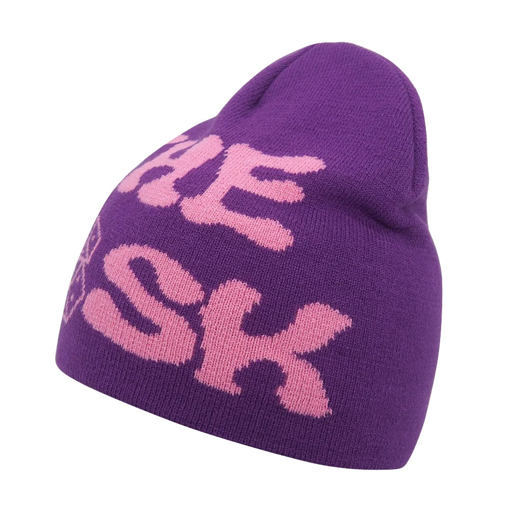 Y2K Letter Print Knit Beanie Hat – Unisex Winter Cap