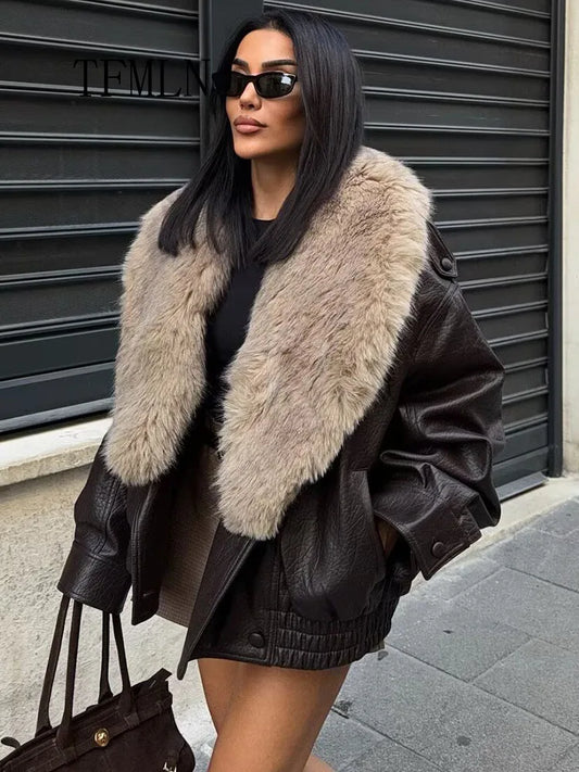 Women's Faux Leather Jacket with Removable Fur Collar – Winter Coat