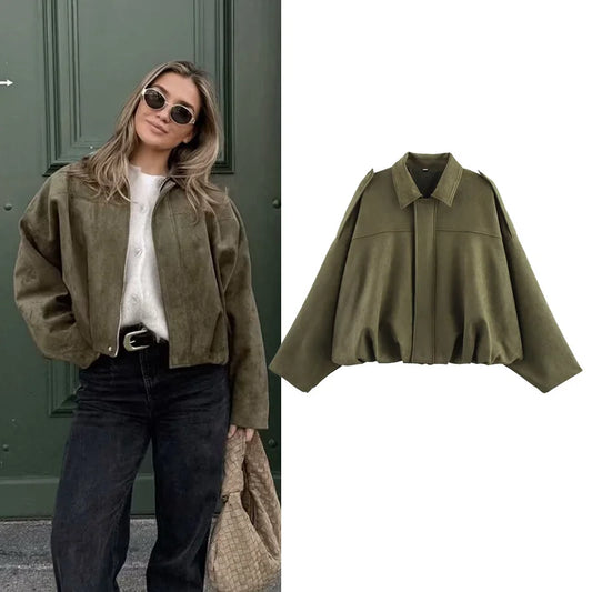 Women's Bomber Jacket Loose Vintage Turn-Down Collar Outerwear
