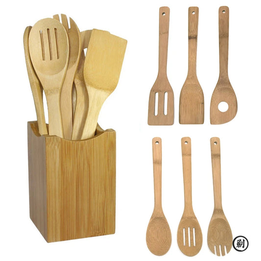 Bamboo Kitchen Utensil Set of 6 – Wooden Cooking Tools with Holder