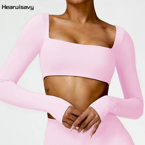 Women's Long Sleeve Square Neck Crop Top Gym Shirt