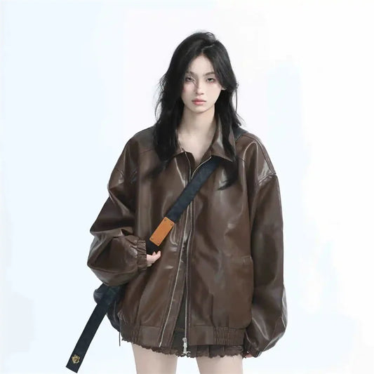 Women's Retro Faux Leather Jacket – Oversized PU Zip Coat