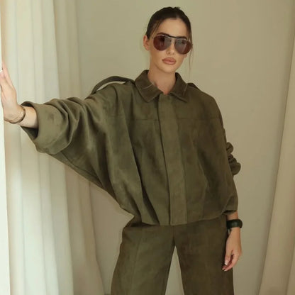 Cropped Bomber Jacket Women Suede Lapel Zip-Up Street Coat
