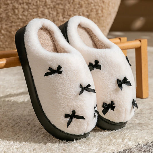 Bow Plush Slippers for Women – Warm Non-Slip Indoor House Shoes