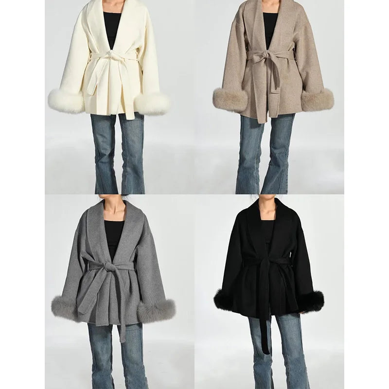 Women's Fox Fur Trim Double-Sided Wool Coat – Belted Elegant Wrap