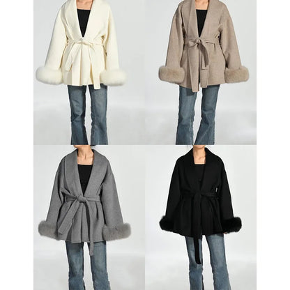 Women's Fox Fur Trim Double-Sided Wool Coat – Belted Elegant Wrap