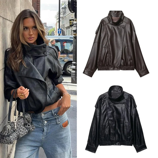 Women's Faux Leather Jacket – Long Sleeve Chic Moto Coat for Autumn Winter