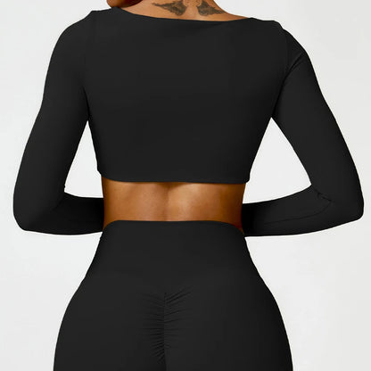 Women's Long Sleeve Square Neck Crop Top Gym Shirt