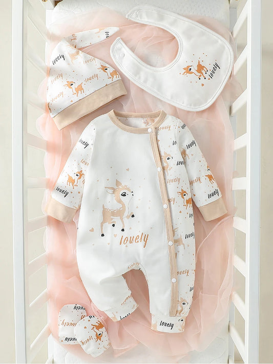 Baby Girl 4-Piece Cartoon Deer Romper Set – Jumpsuit, Hat, Bib & Gloves
