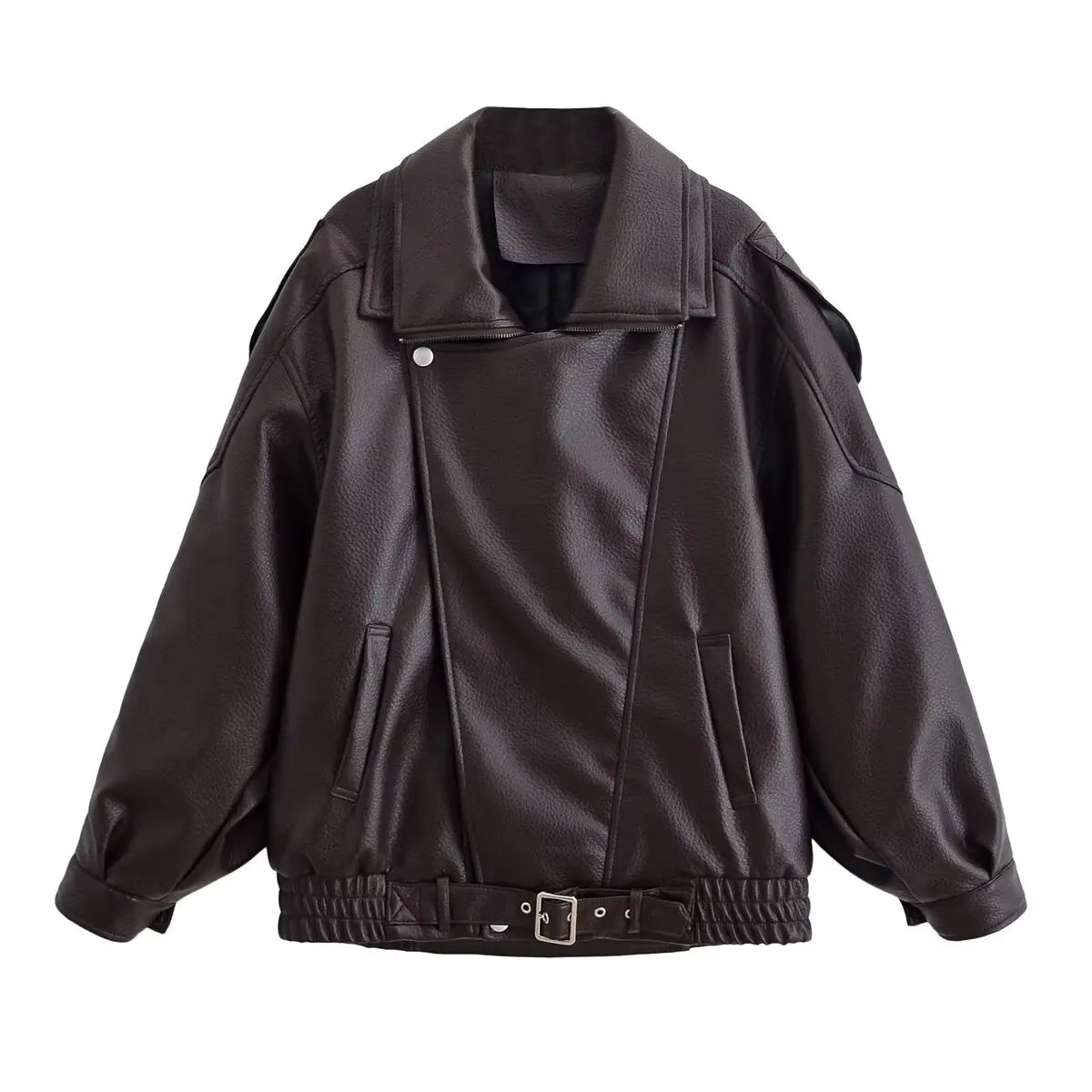Faux Leather Moto Jacket for Women – Oversized PU Streetwear Coat