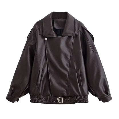 Faux Leather Moto Jacket for Women – Oversized PU Streetwear Coat