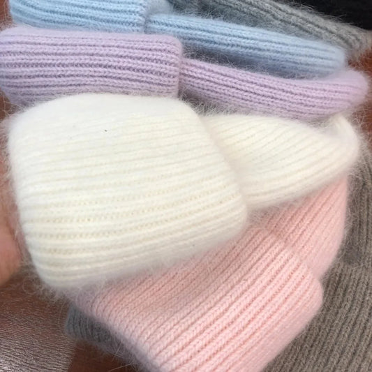 Women's Warm Rabbit Fur Beanie – Soft Winter Knit Hat