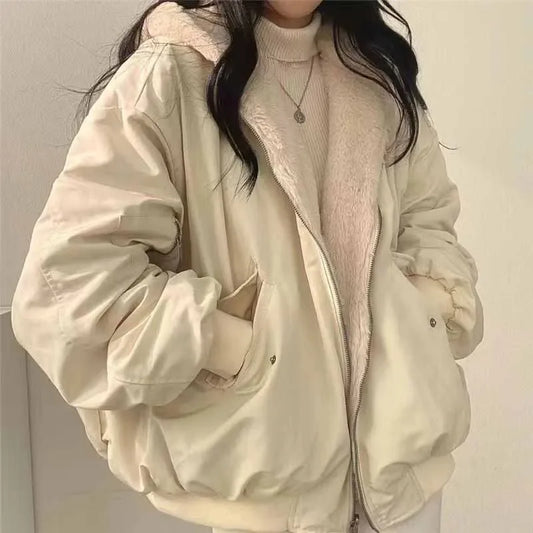 Women's Winter Fleece Parka – Thick Hooded Double-Sided Coat