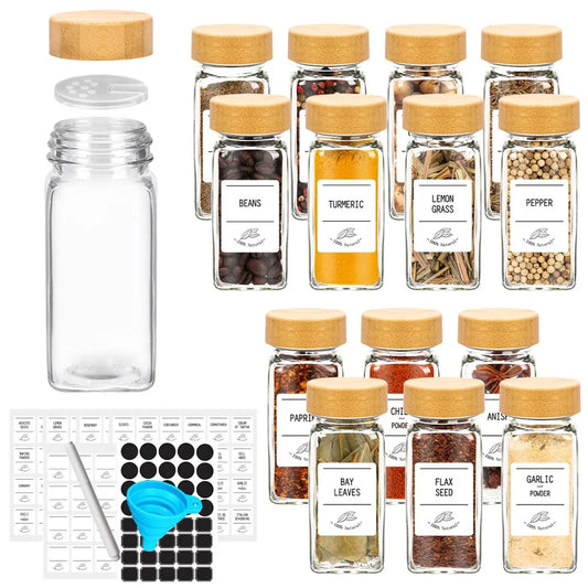 Glass Spice Jars with Bamboo Lids – Set of 12