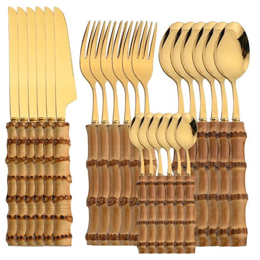 24-Piece Bamboo Handle Stainless Steel Cutlery Set – Flatware Dinnerware
