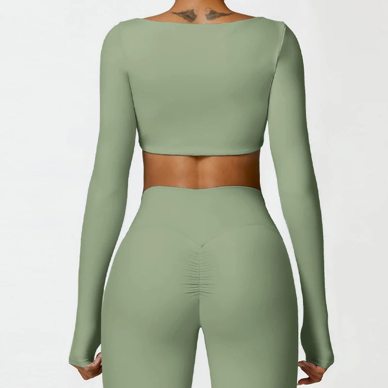 Women's Long Sleeve Square Neck Crop Top Gym Shirt