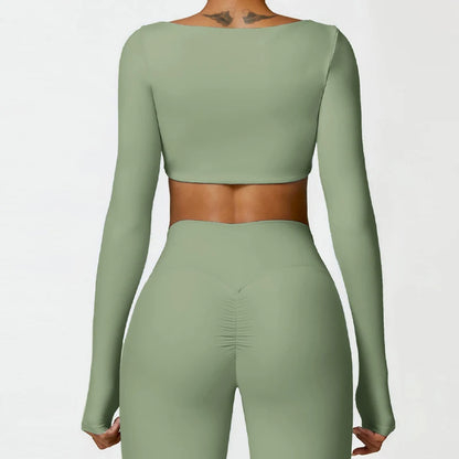 Women's Long Sleeve Square Neck Crop Top Gym Shirt