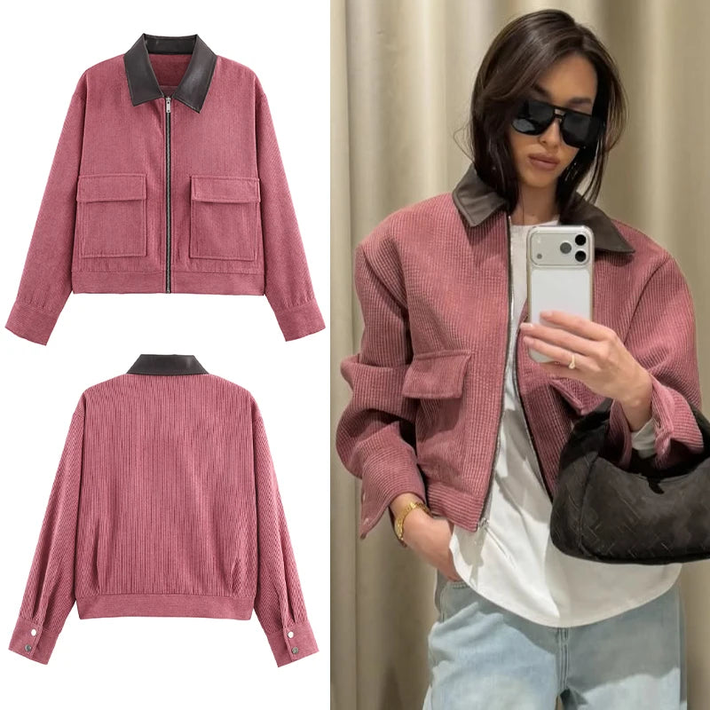 Women's Corduroy Zip-Up Jacket – Loose Fit Streetwear with Cargo Pockets