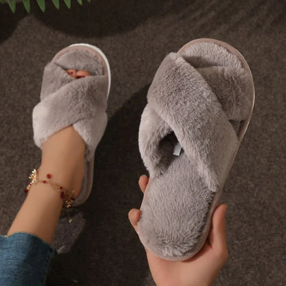 Women's Cross Strap Faux Fur Slippers – Cozy Indoor House Shoes