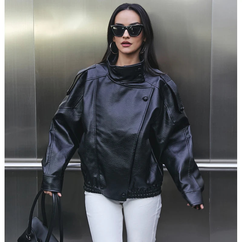 Oversized Faux Leather Bomber Jacket for Women