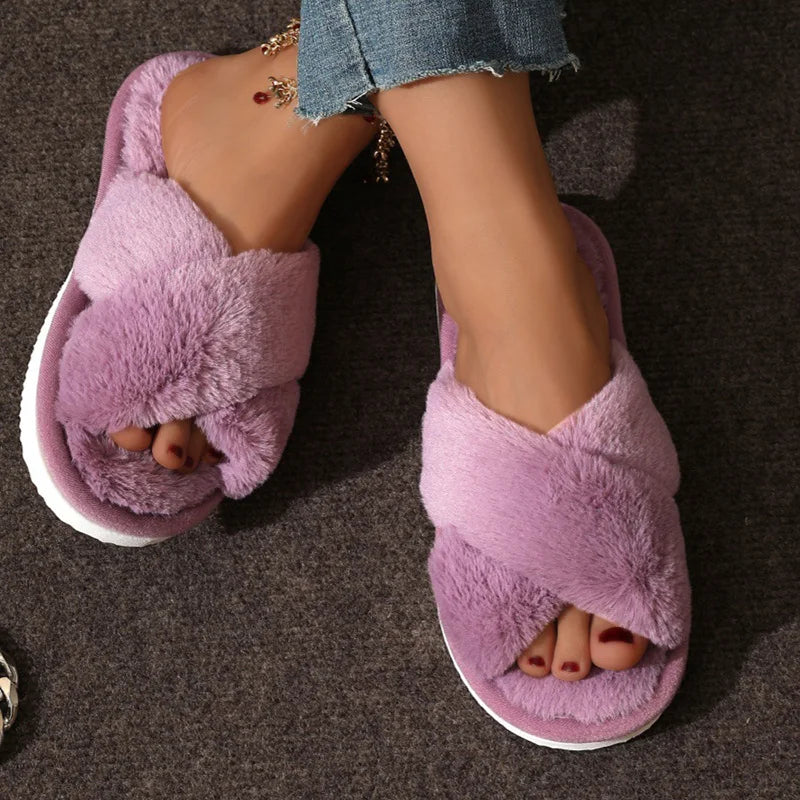 Women's Cross Strap Faux Fur Slippers – Cozy Indoor House Shoes