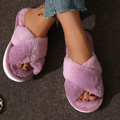 Women's Cross Strap Faux Fur Slippers – Cozy Indoor House Shoes