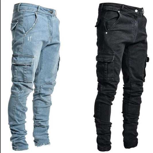 Men's Cargo Denim Jeans – Slim Fit Multi-Pocket Streetwear Pants