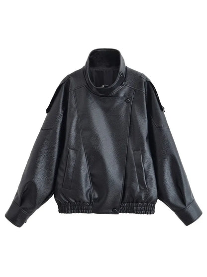 Faux Leather Moto Jacket for Women – Oversized PU Streetwear Coat