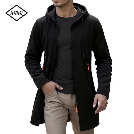 Men's Hooded Knit Cardigan Long Jacket – Zip-Up Casual Coat