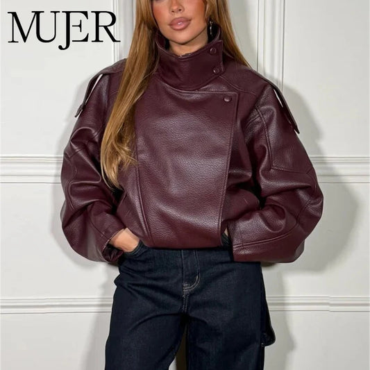 Women's Oversized Faux Leather Bomber Jacket – Winter Coat