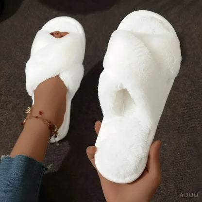 Fuzzy Faux Fur Slide Slippers for Women – Cozy Cross-Band Indoor Flats