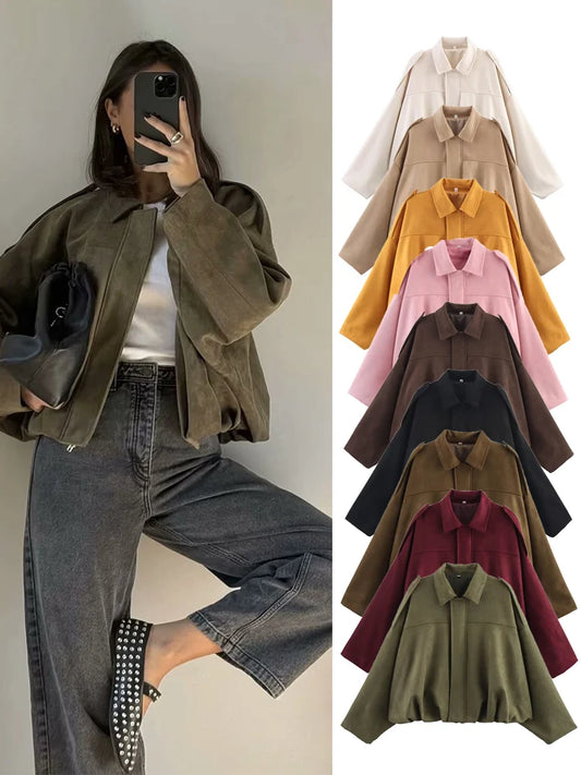 Women's Oversized Suede Bomber Jacket – Zip-Up Streetwear Coat