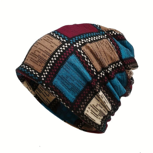 Slouchy Beanie Hat – Vintage Color Block Knit Skull Cap for Fall & Winter
