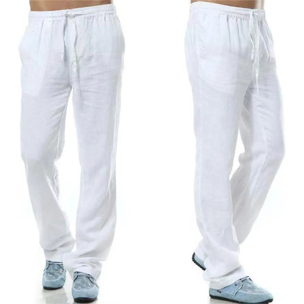 Men's Cotton Linen Pants – Breathable Drawstring Trousers with Back Pocket
