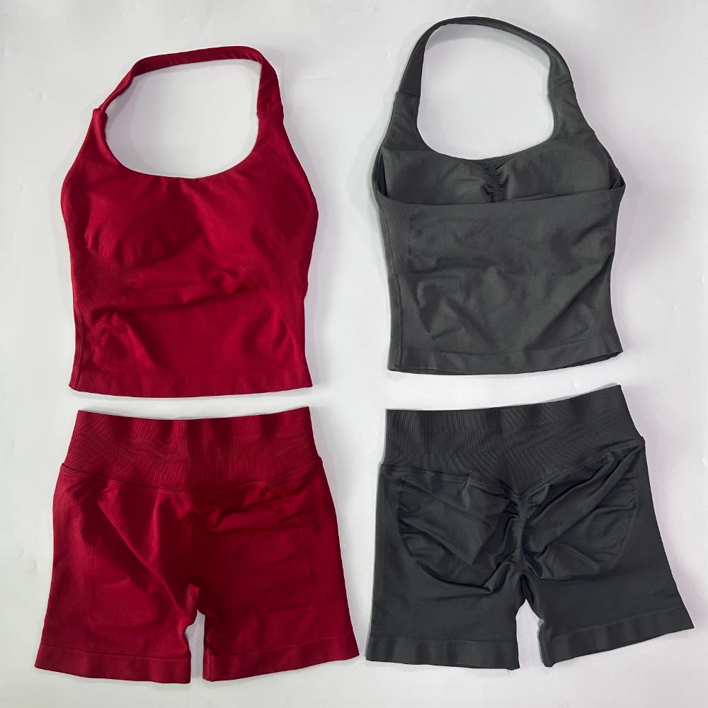 Women's 2-Piece Gym Set – Backless Halter Top & Seamless Shorts