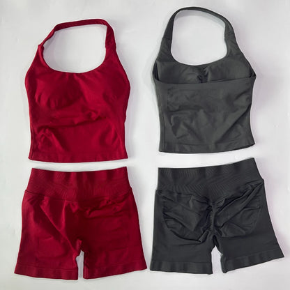Women's 2-Piece Gym Set – Backless Halter Top & Seamless Shorts