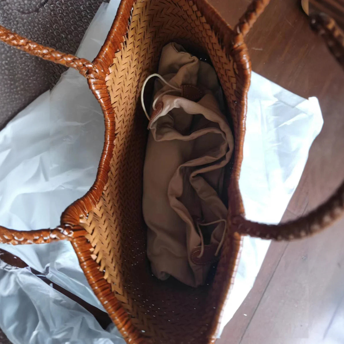 Woven Genuine Leather Tote Bag for Women – Cowhide Shoulder Bag
