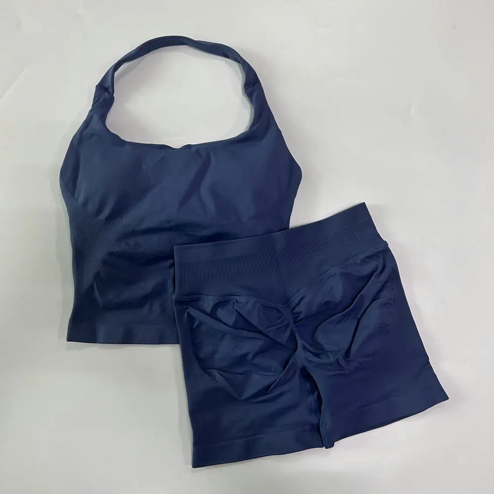 Women's 2-Piece Gym Set – Backless Halter Top & Seamless Shorts