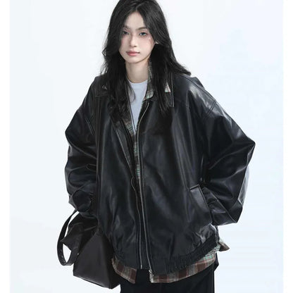 Women's Retro Faux Leather Jacket – Oversized PU Zip Coat