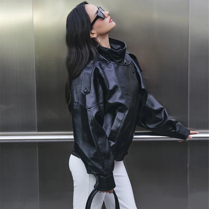 Oversized Faux Leather Bomber Jacket for Women